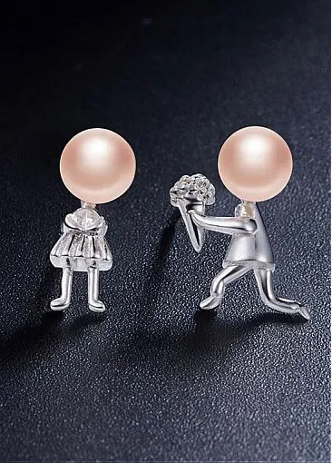 Fashion Proposing Lovers with Pink Fresh Water Pearl 925 Sterling Silver Ear Studs