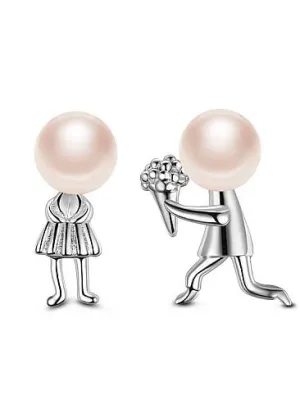 Fashion Proposing Lovers with Pink Fresh Water Pearl 925 Sterling Silver Ear Studs