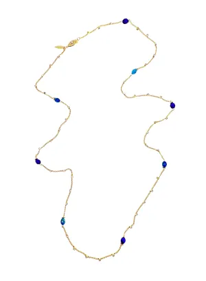 Gold Chain with Blue Gemstone Long Necklace LN032