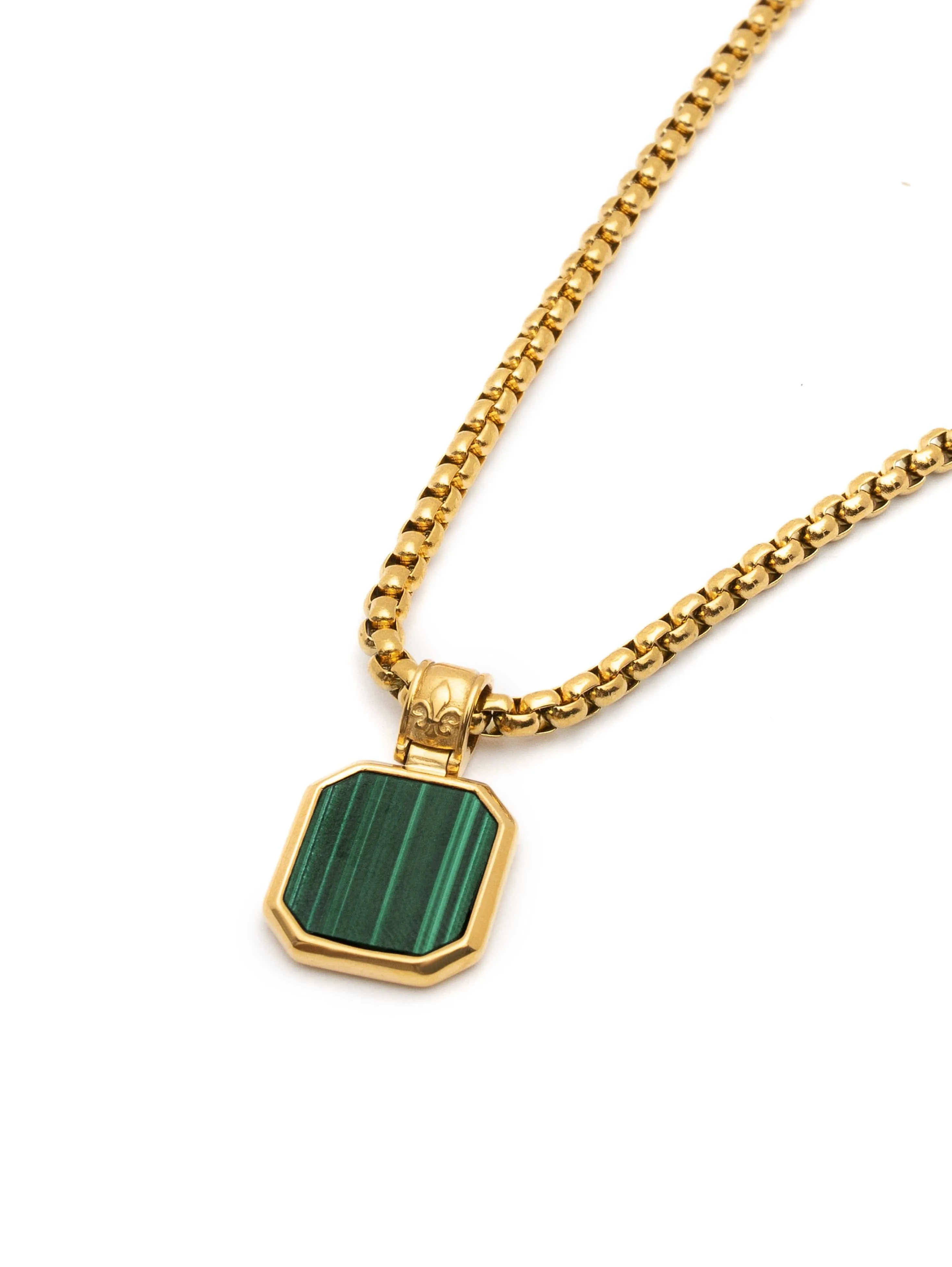Gold Necklace with Square Malachite Pendant