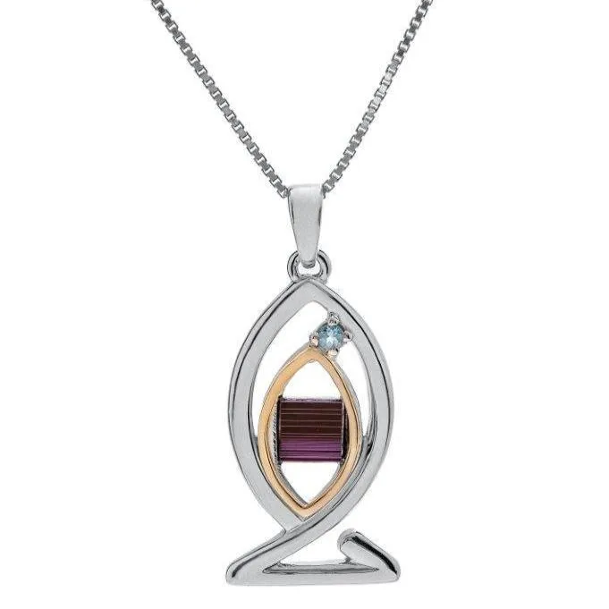 Jerusalem Nano Bible Ichthys Pendant Necklace Silver 925 Gold 9K with Blue Topaz from Holy Land
