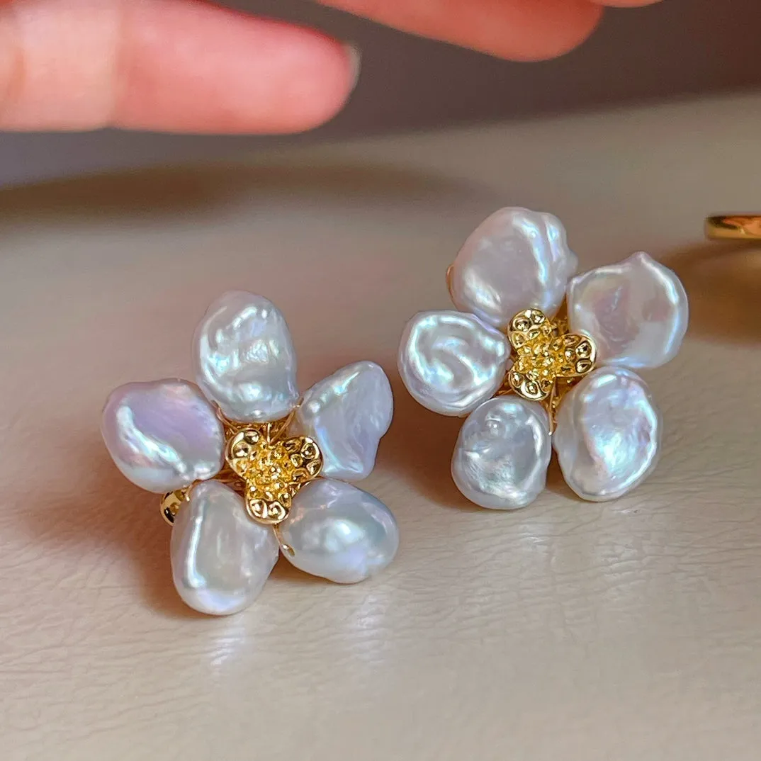 Keshi Pearl Flower Petal Earrings and Ring (Purchase Individually)