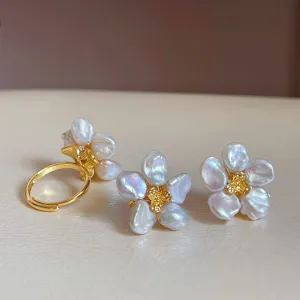 Keshi Pearl Flower Petal Earrings and Ring (Purchase Individually)