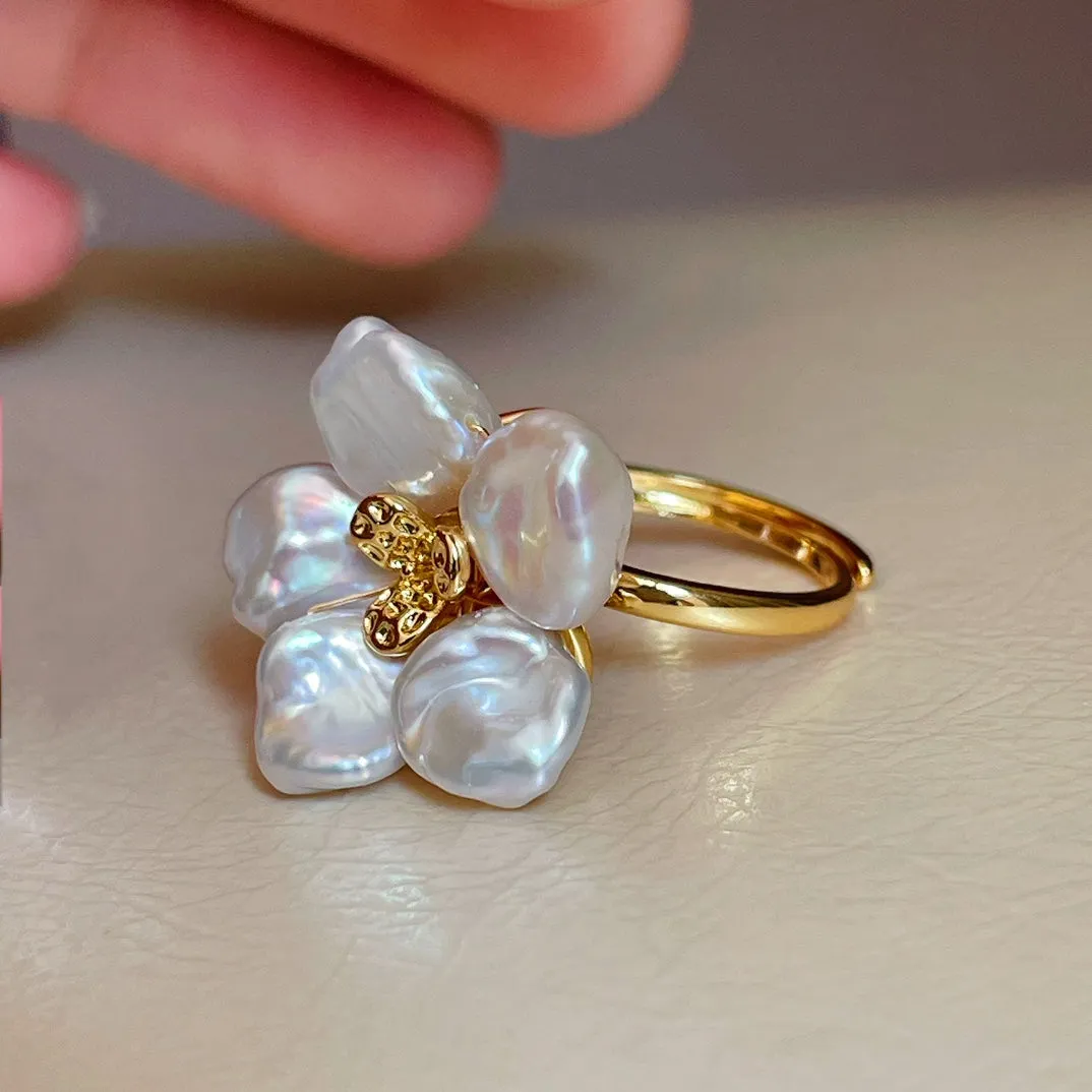 Keshi Pearl Flower Petal Earrings and Ring (Purchase Individually)