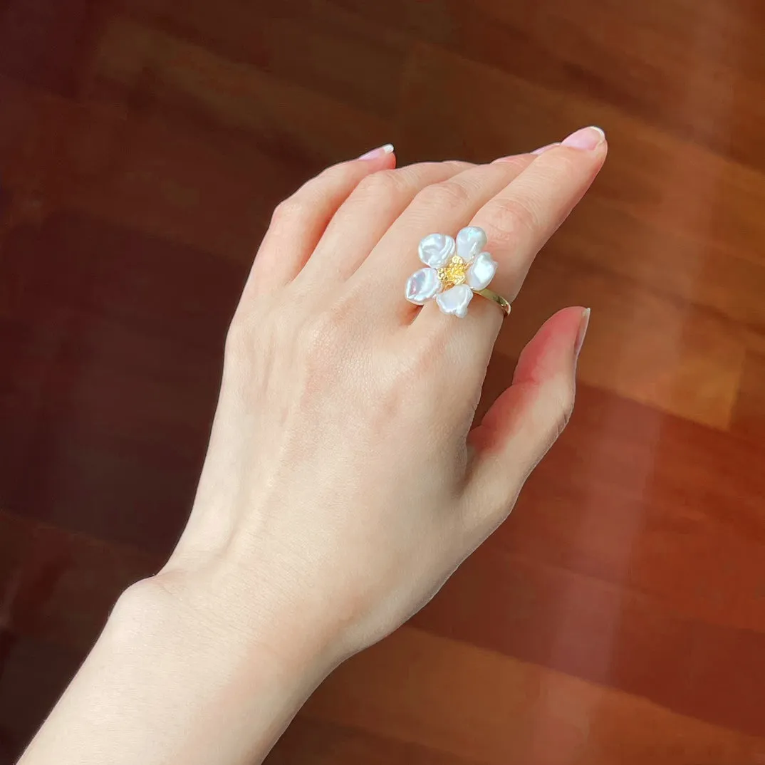 Keshi Pearl Flower Petal Earrings and Ring (Purchase Individually)