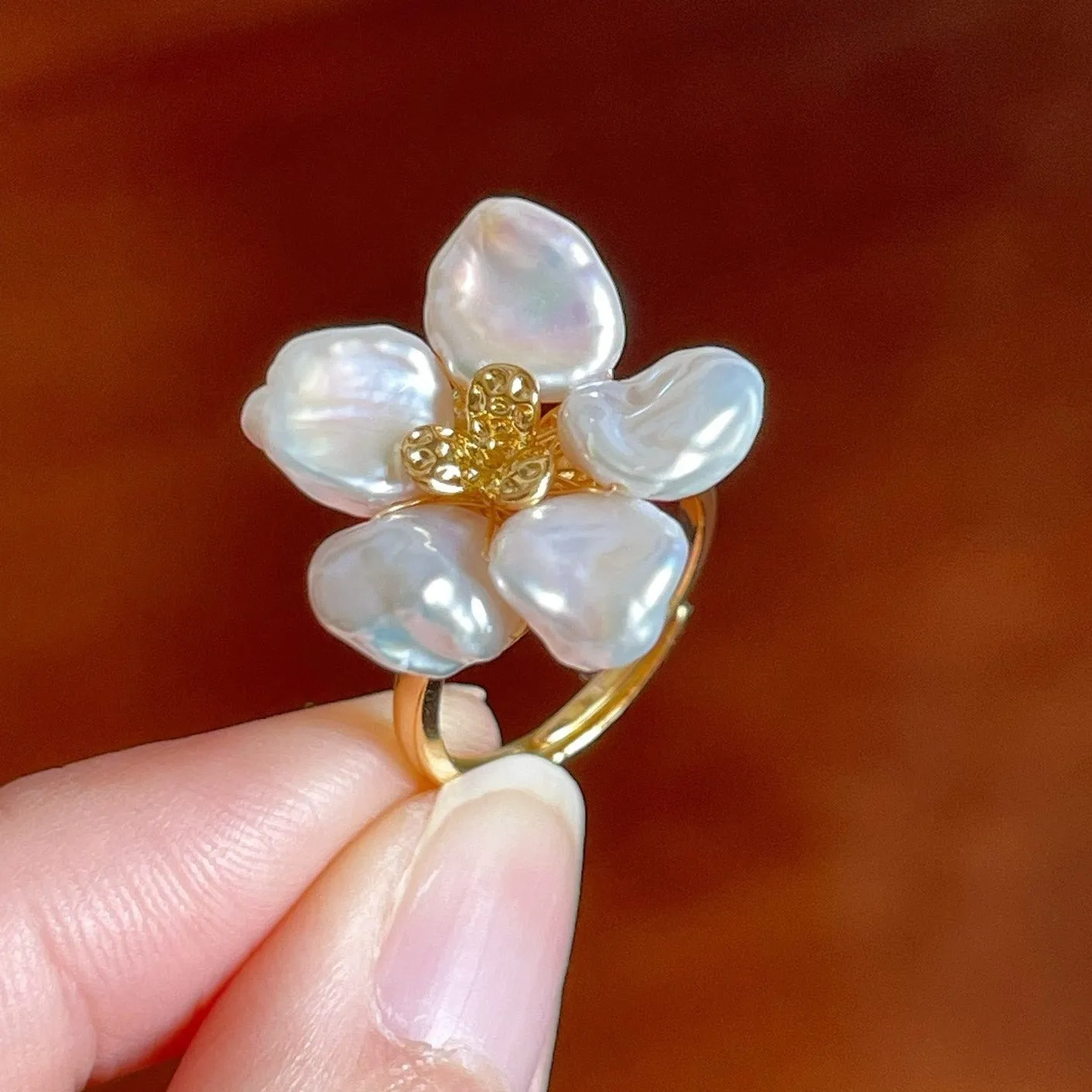 Keshi Pearl Flower Petal Earrings and Ring (Purchase Individually)