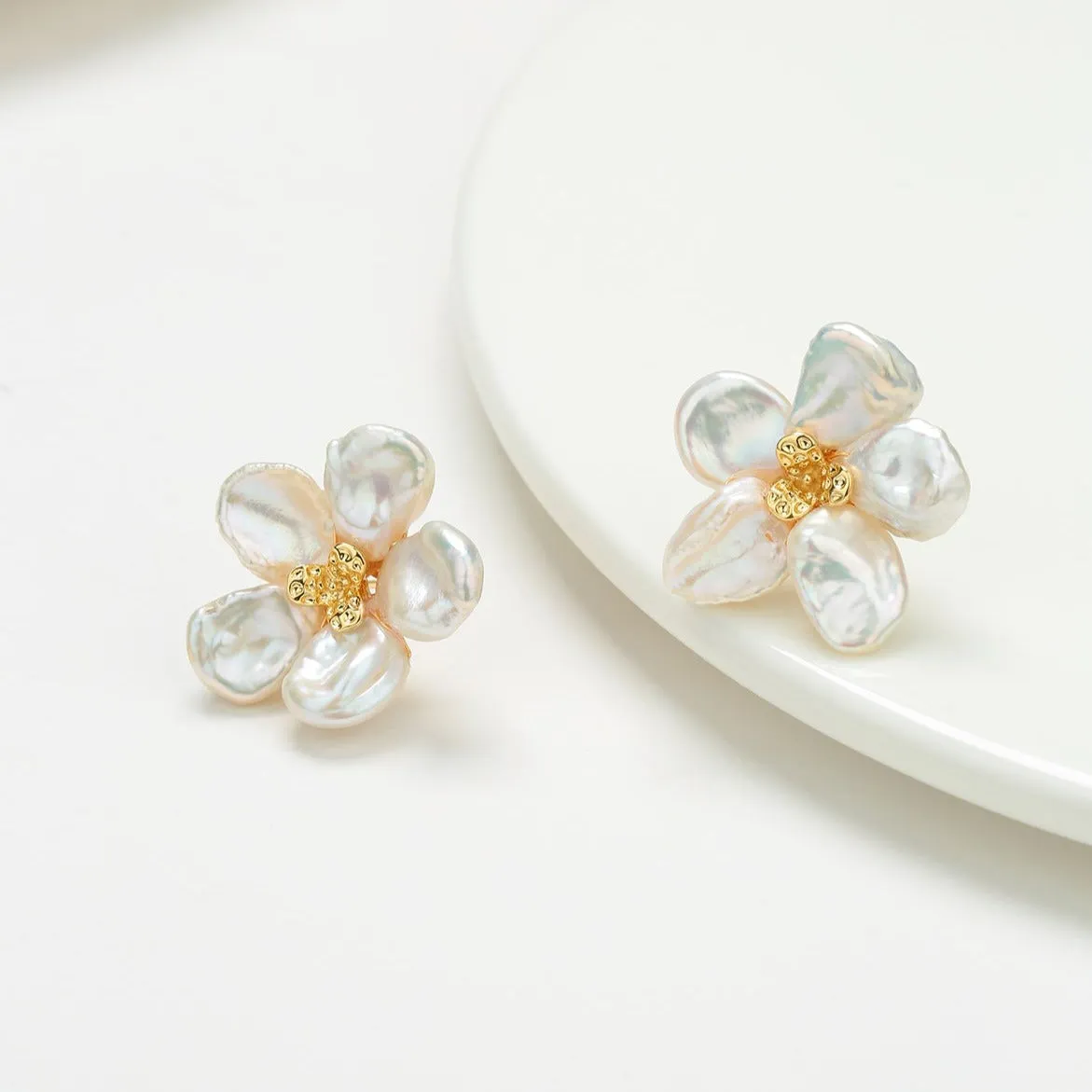Keshi Pearl Flower Petal Earrings and Ring (Purchase Individually)