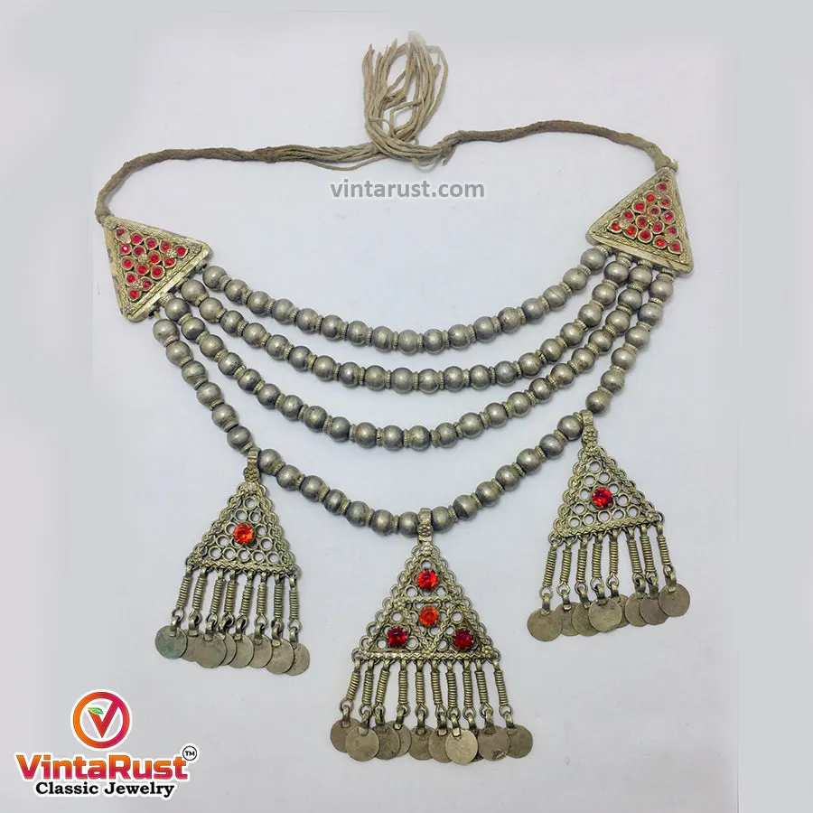 Metal Beaded Chain Necklace With Dangling Pendants and Coins