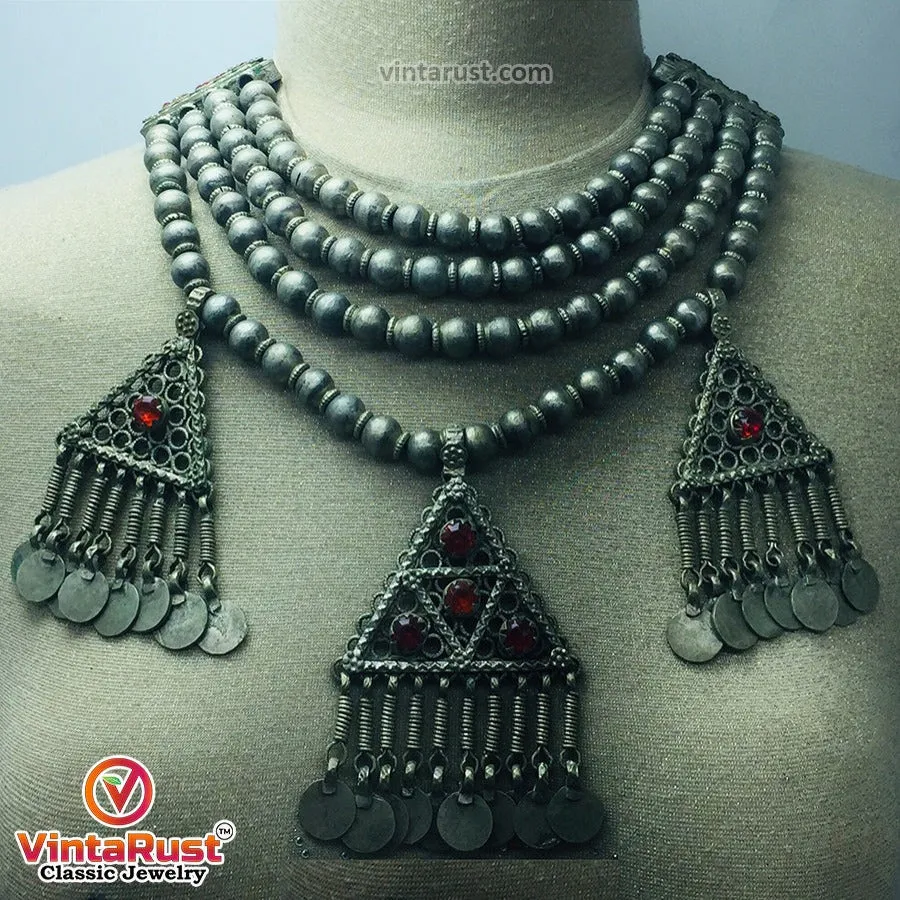 Metal Beaded Chain Necklace With Dangling Pendants and Coins