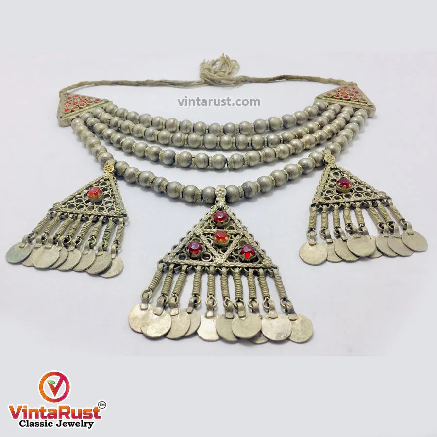 Metal Beaded Chain Necklace With Dangling Pendants and Coins