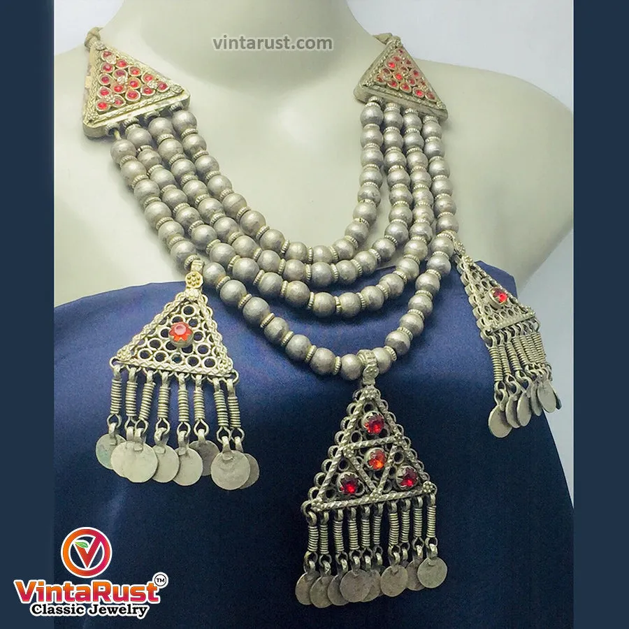 Metal Beaded Chain Necklace With Dangling Pendants and Coins