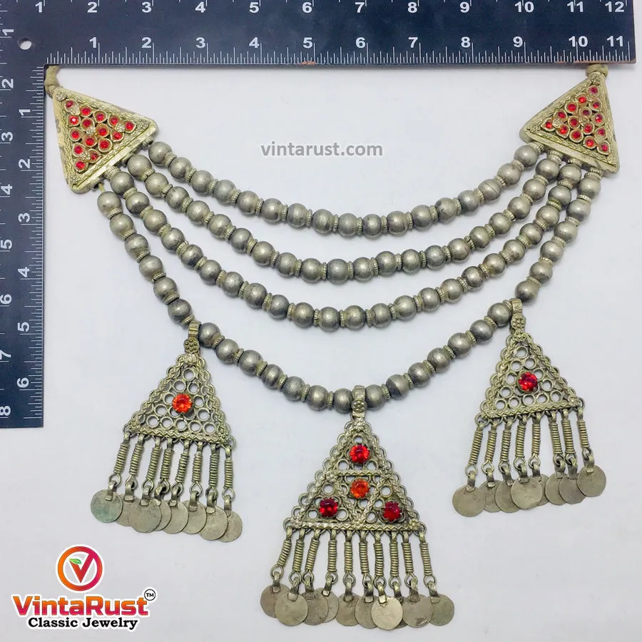 Metal Beaded Chain Necklace With Dangling Pendants and Coins