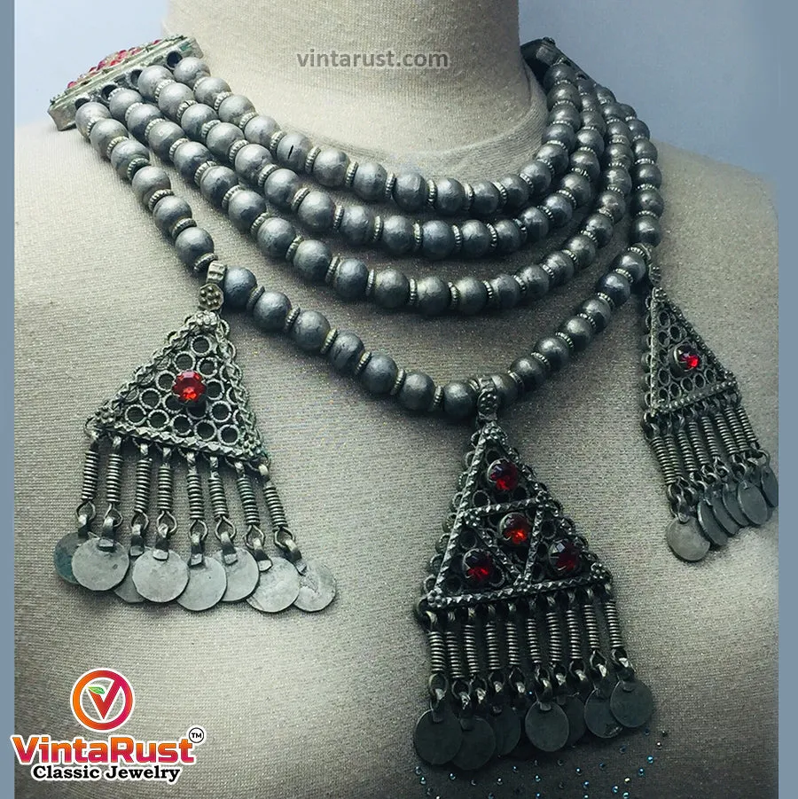 Metal Beaded Chain Necklace With Dangling Pendants and Coins