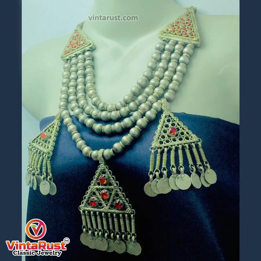 Metal Beaded Chain Necklace With Dangling Pendants and Coins