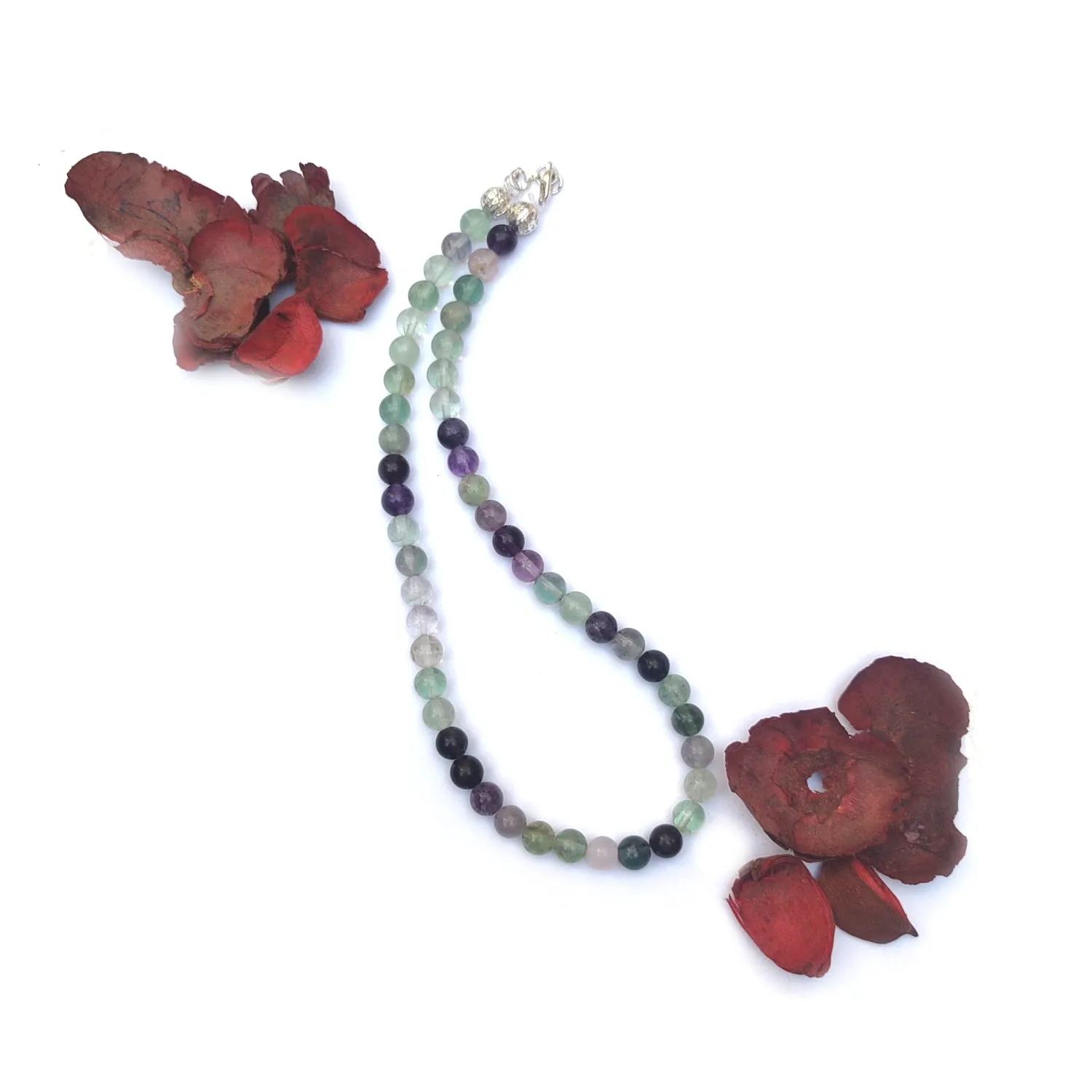 Multi Fluorite Crystal Round Beads Necklace - 15 Inches, 8mm Beads (Semi-Precious Mala)