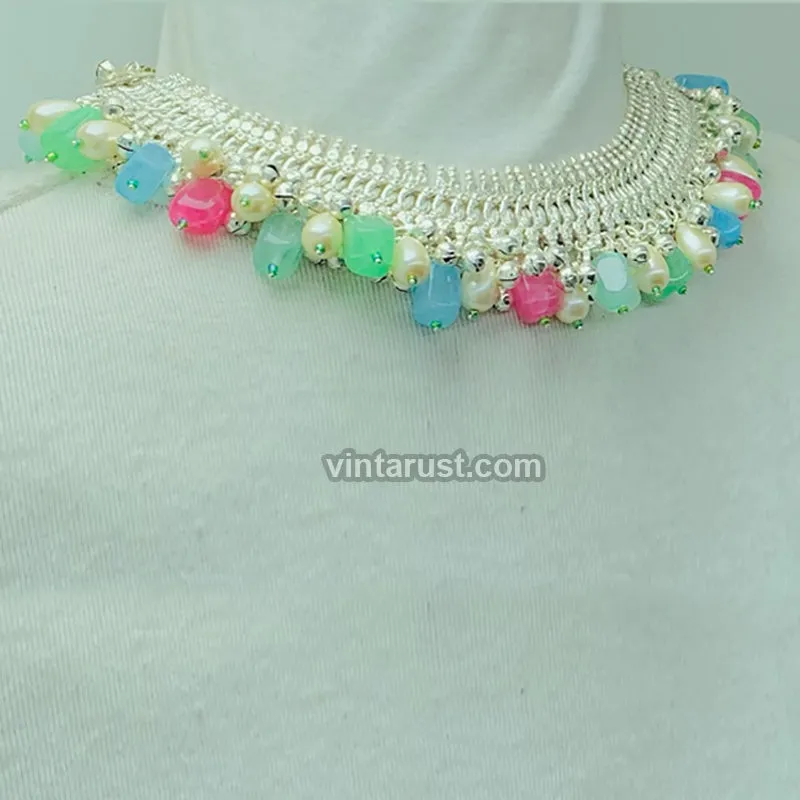 Multicolor Stones Choker Necklace With Pearls