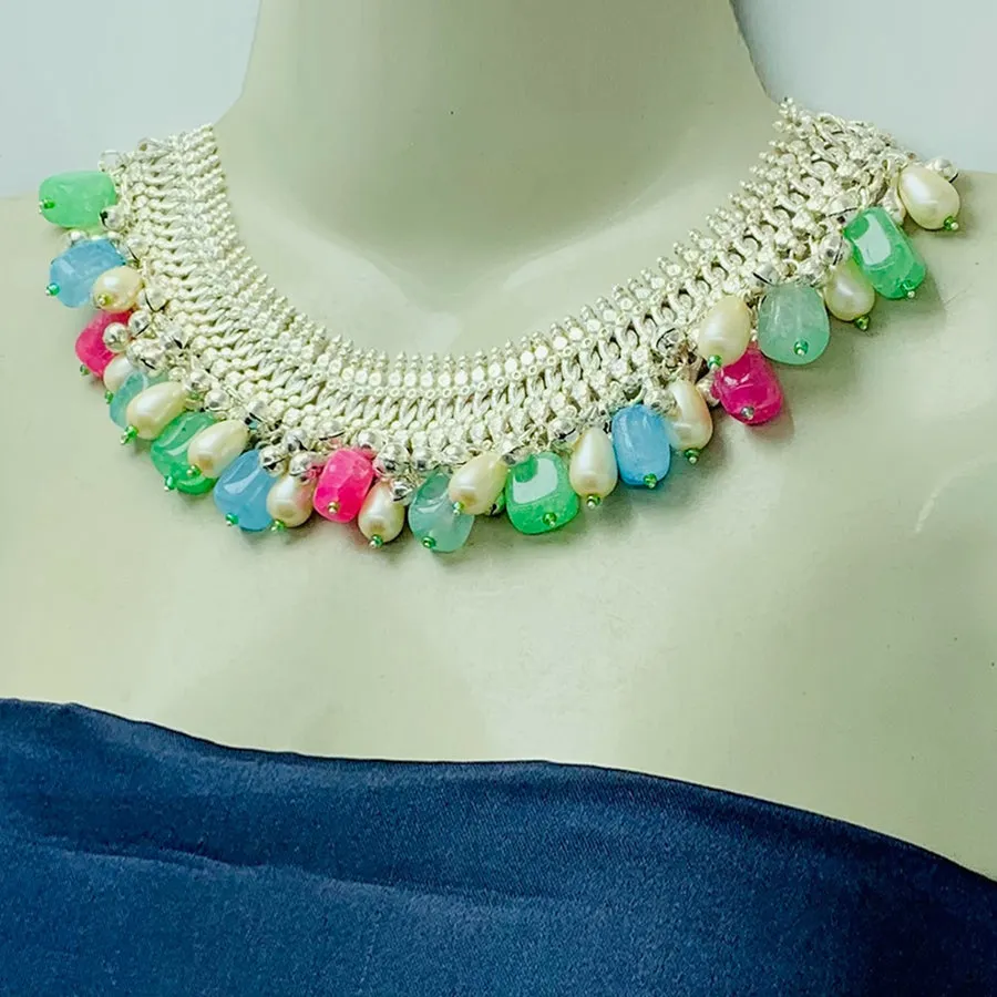 Multicolor Stones Choker Necklace With Pearls