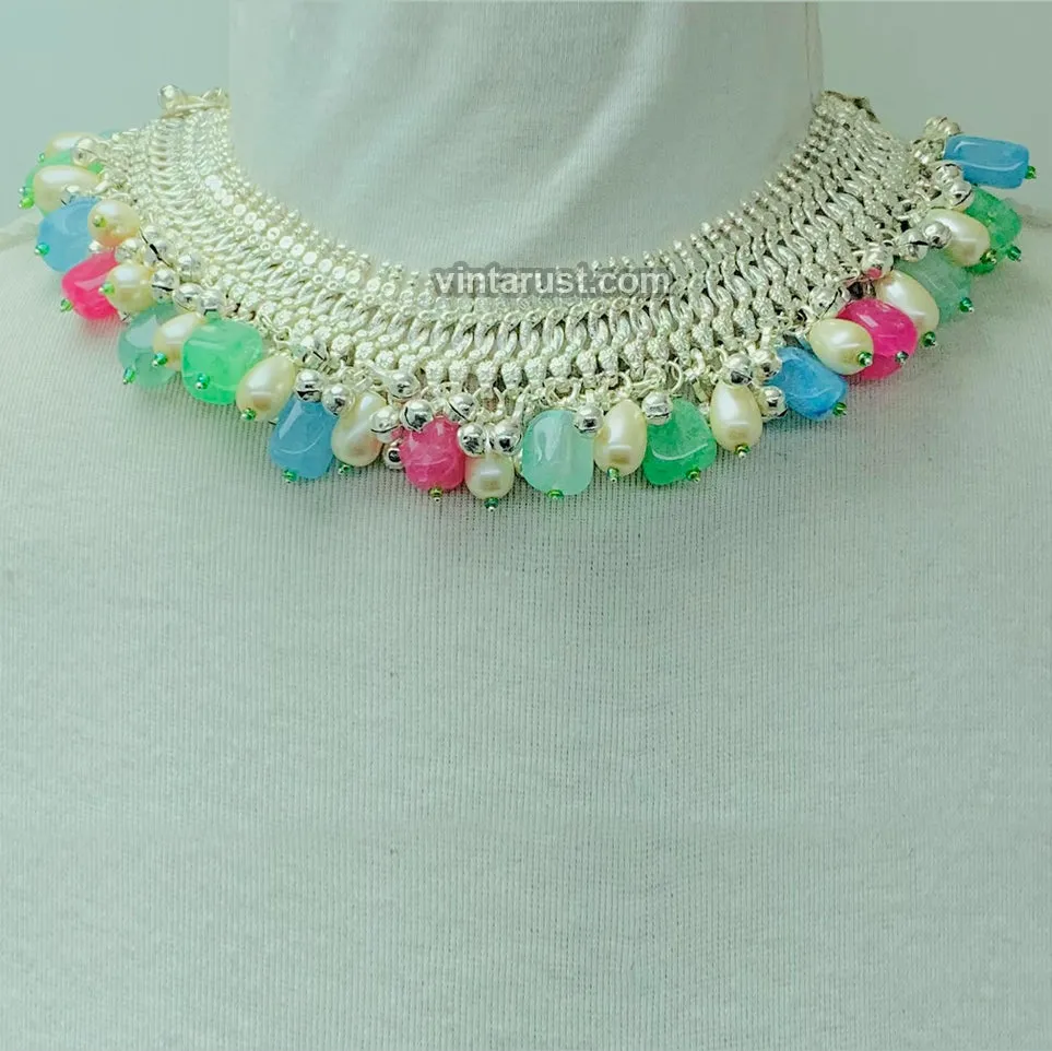 Multicolor Stones Choker Necklace With Pearls