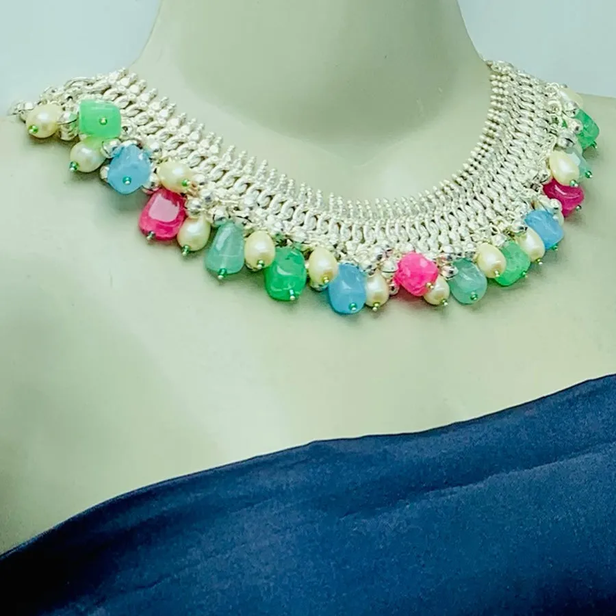 Multicolor Stones Choker Necklace With Pearls