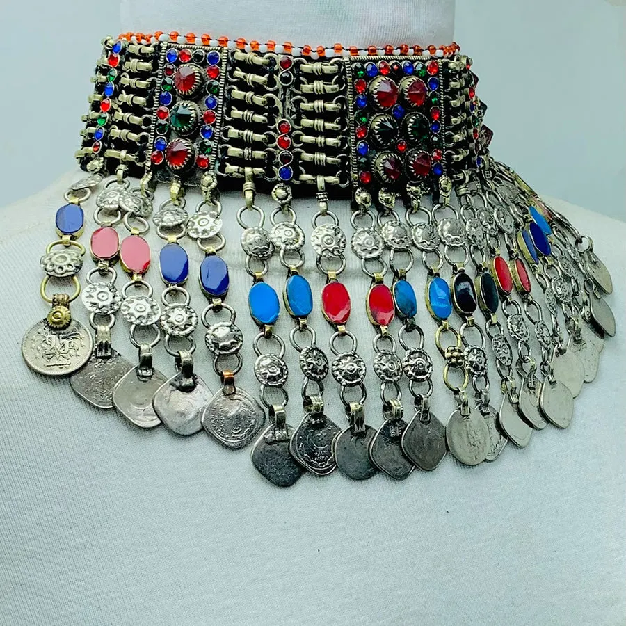 Multicolor Tribal Choker Necklace With Coins