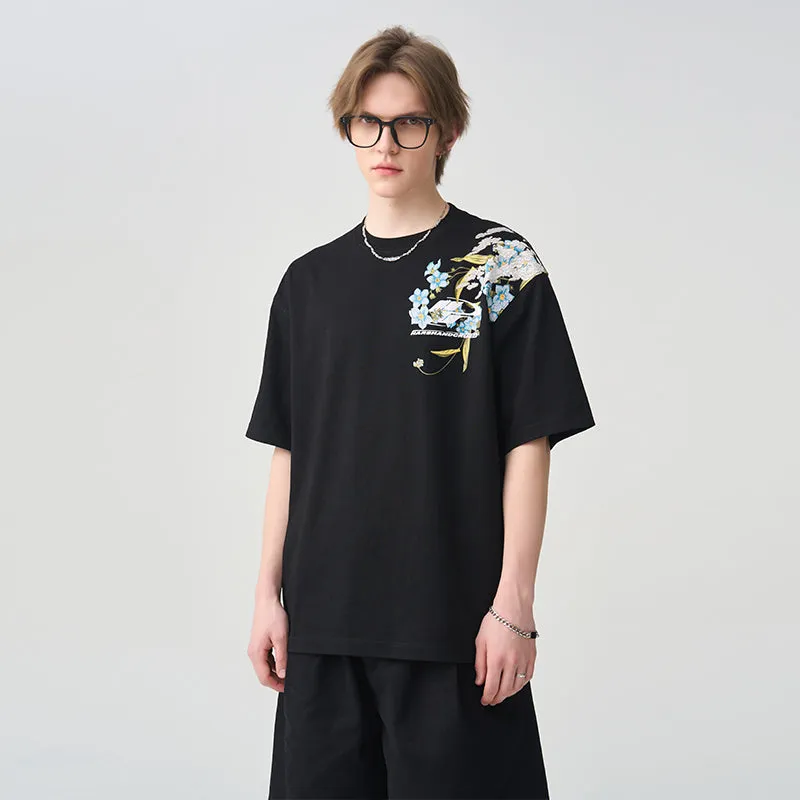 Neo-Chinese Style Streetwear Floral Embroidery Print T-shirt