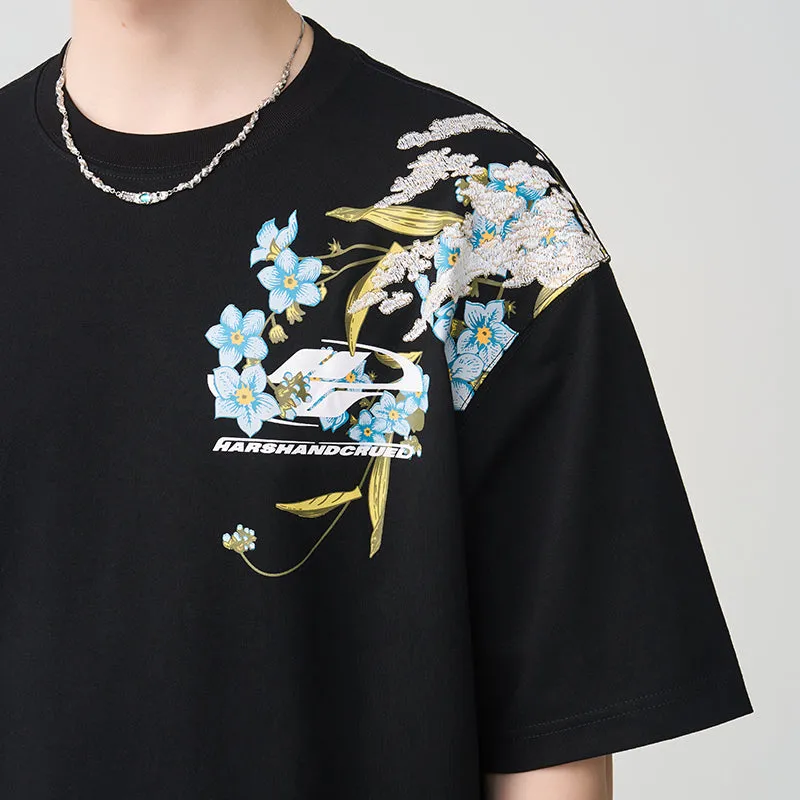 Neo-Chinese Style Streetwear Floral Embroidery Print T-shirt