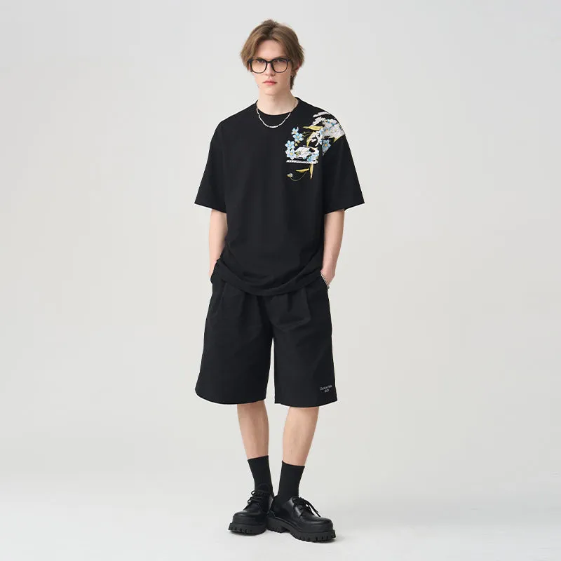 Neo-Chinese Style Streetwear Floral Embroidery Print T-shirt