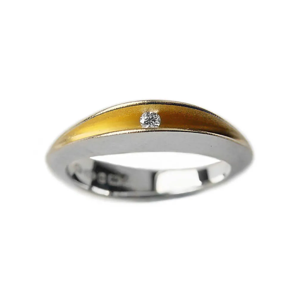 Partially split silver shell ring with 3pt diamond and 22K gold plated interior