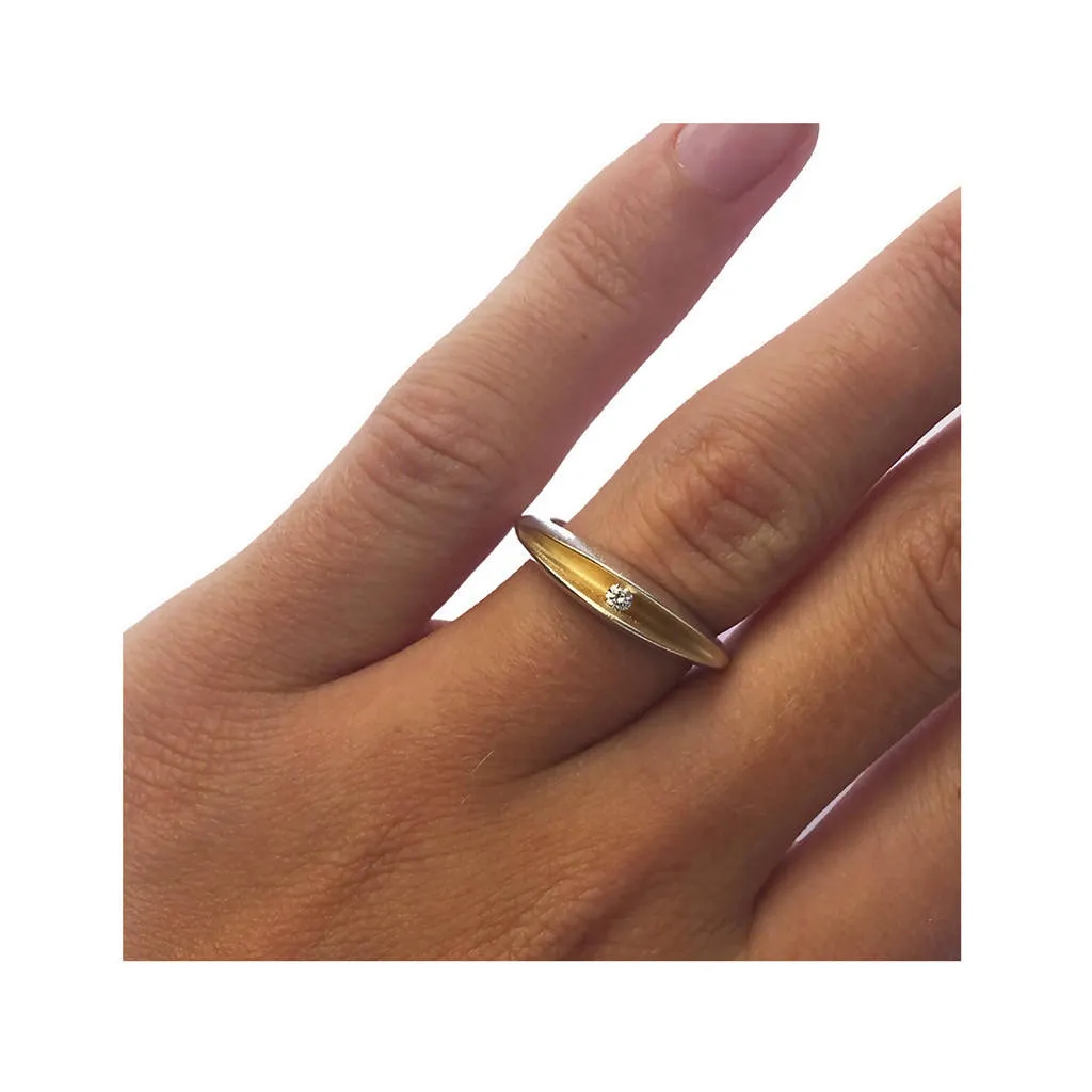 Partially split silver shell ring with 3pt diamond and 22K gold plated interior