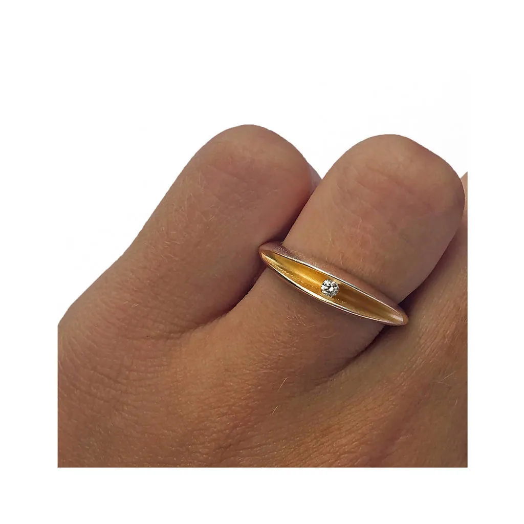 Partially split silver shell ring with 3pt diamond and 22K gold plated interior
