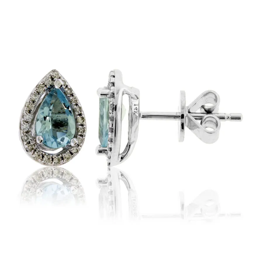 Pear Aquamarine and Diamond Halo Stud Earrings