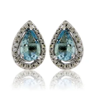 Pear Aquamarine and Diamond Halo Stud Earrings