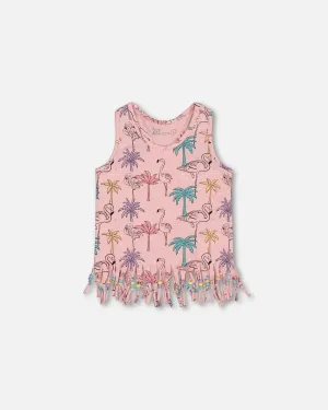 Printed Organic Cotton Tank Top With Fringe Palm Trees, Pink Flamingo, And Turquoise