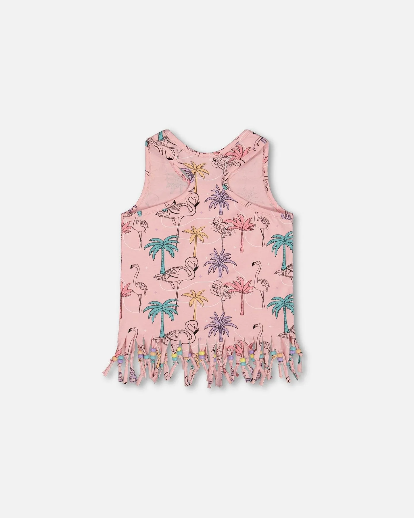 Printed Organic Cotton Tank Top With Fringe Palm Trees, Pink Flamingo, And Turquoise