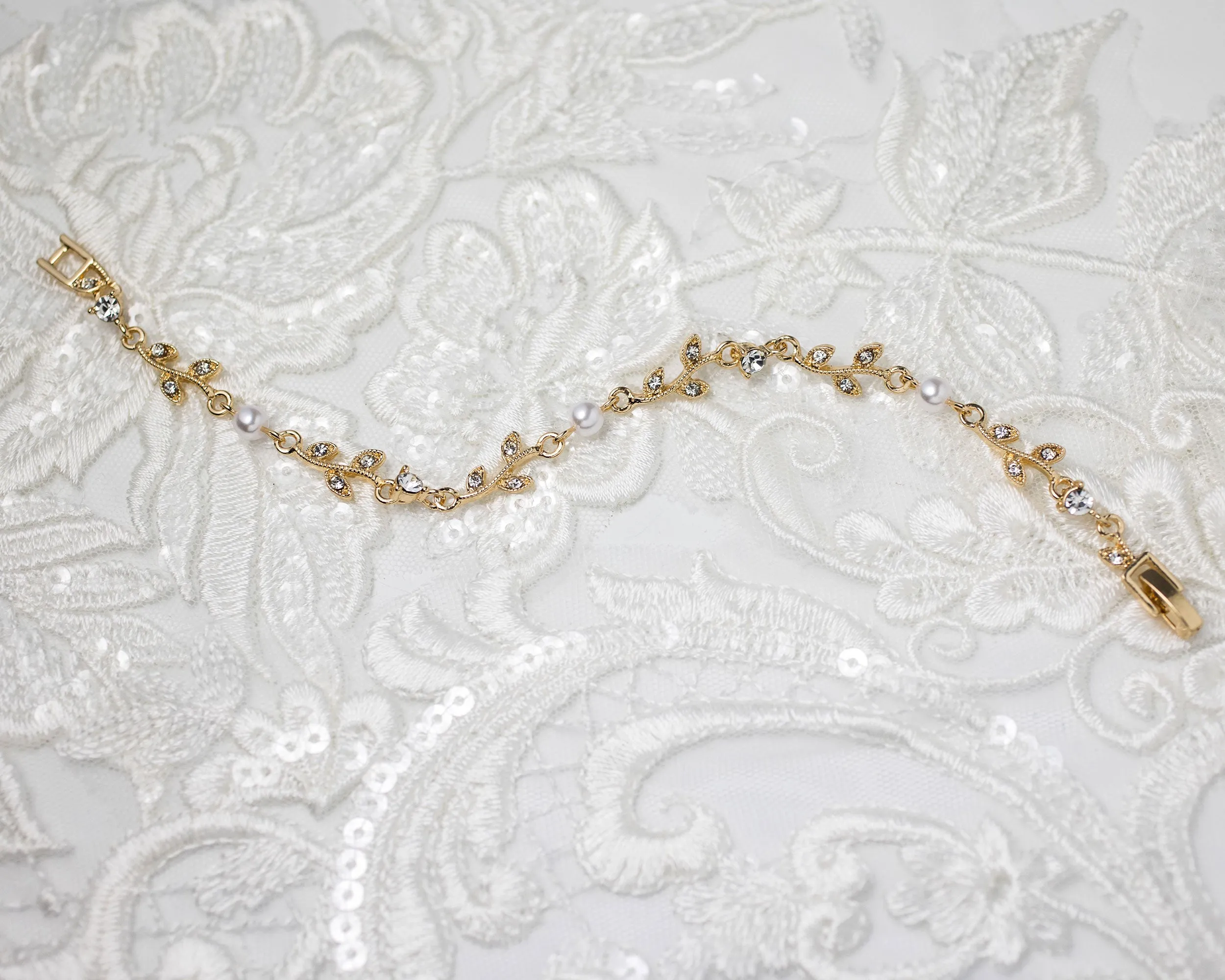 Simple Crystal Vine Necklace, Earrings, and Bracelet with Pearls