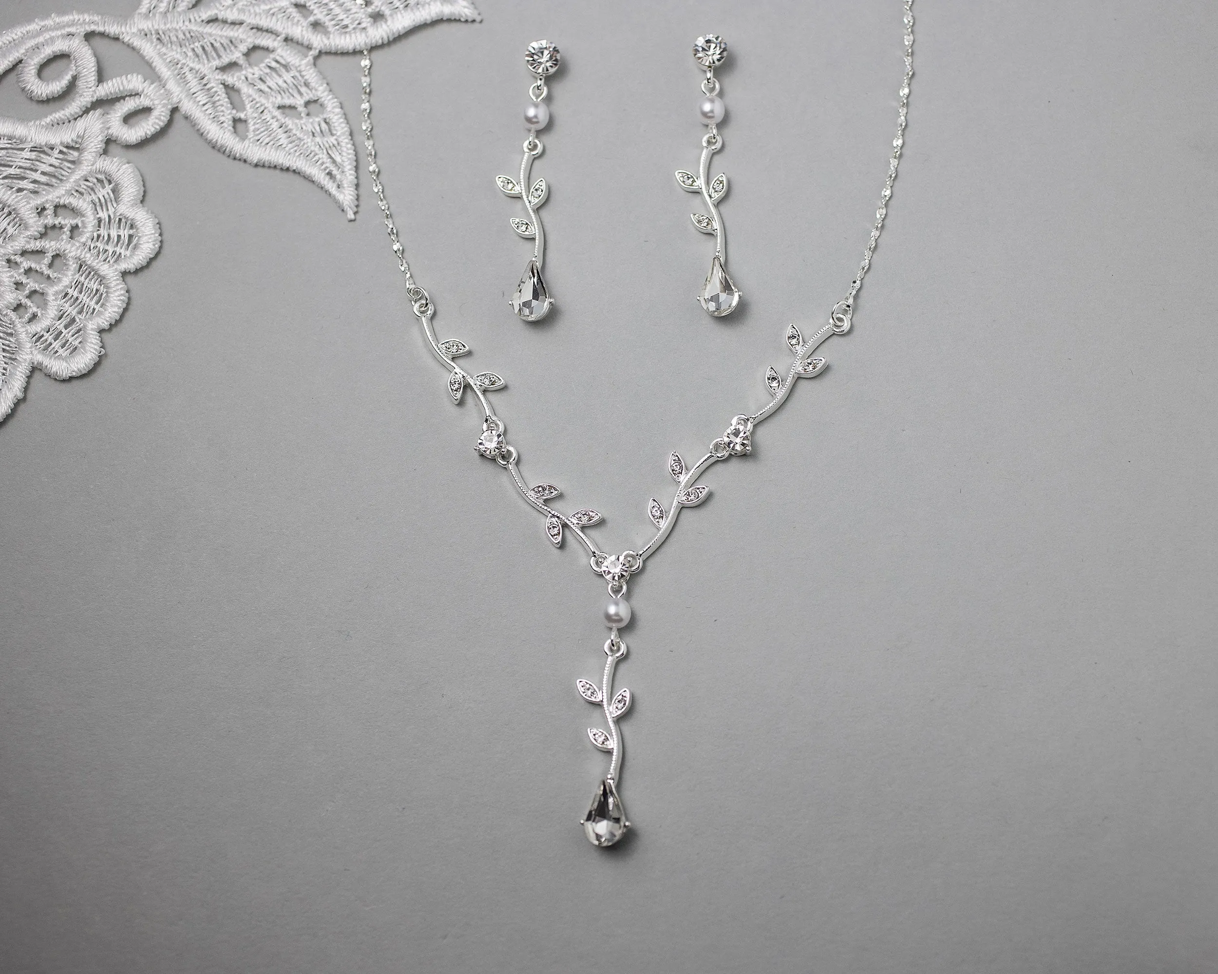 Simple Crystal Vine Necklace, Earrings, and Bracelet with Pearls