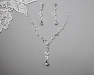 Simple Crystal Vine Necklace, Earrings, and Bracelet with Pearls