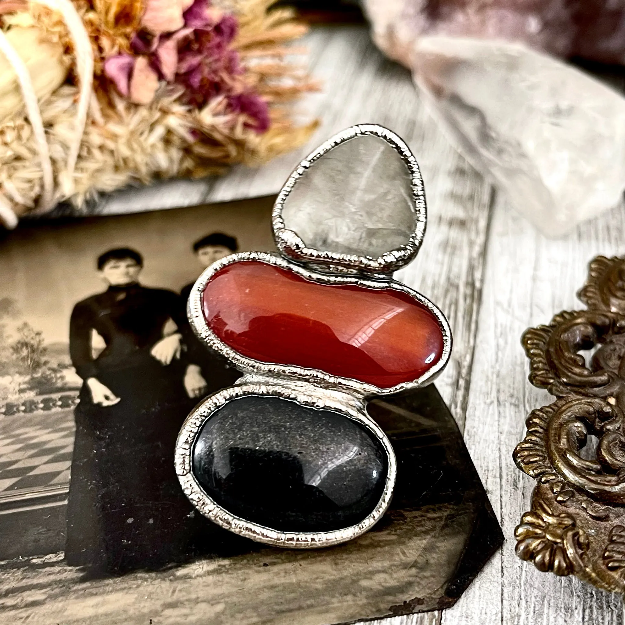 Size 7 Crystal Ring - Three Stone Ring Black Onyx Red Carnelian Tourmaline Quartz Silver Ring / Foxlark Collection - One of a Kind