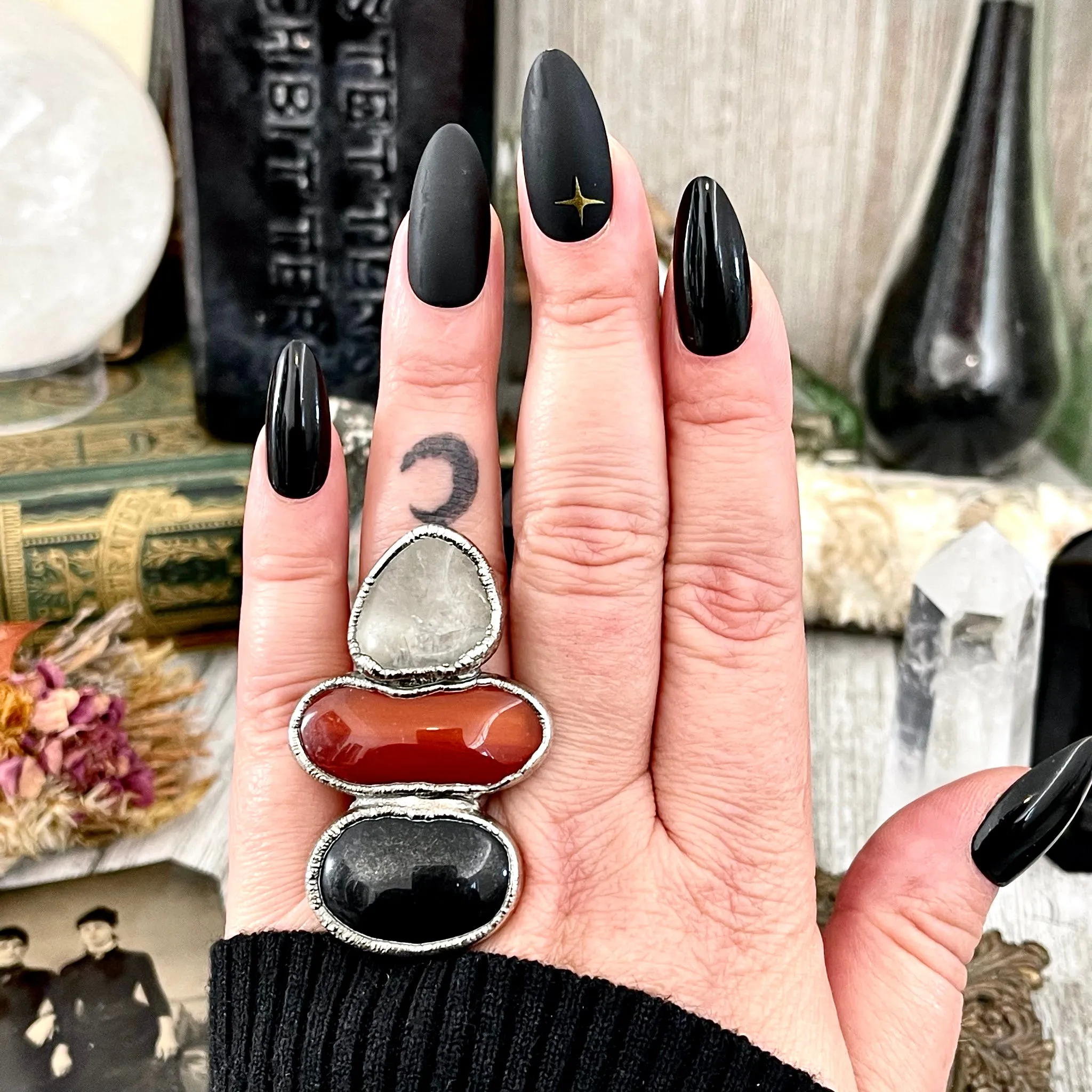Size 7 Crystal Ring - Three Stone Ring Black Onyx Red Carnelian Tourmaline Quartz Silver Ring / Foxlark Collection - One of a Kind
