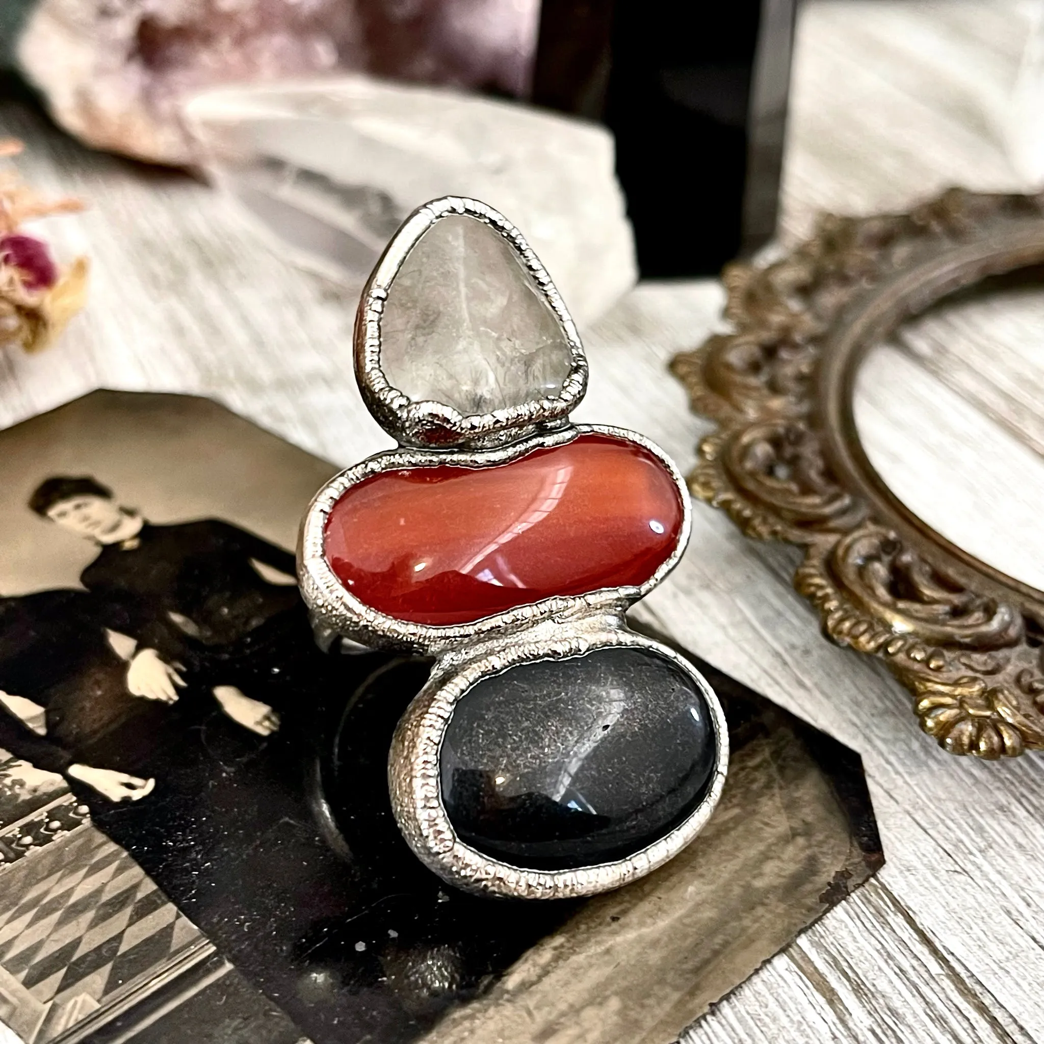 Size 7 Crystal Ring - Three Stone Ring Black Onyx Red Carnelian Tourmaline Quartz Silver Ring / Foxlark Collection - One of a Kind