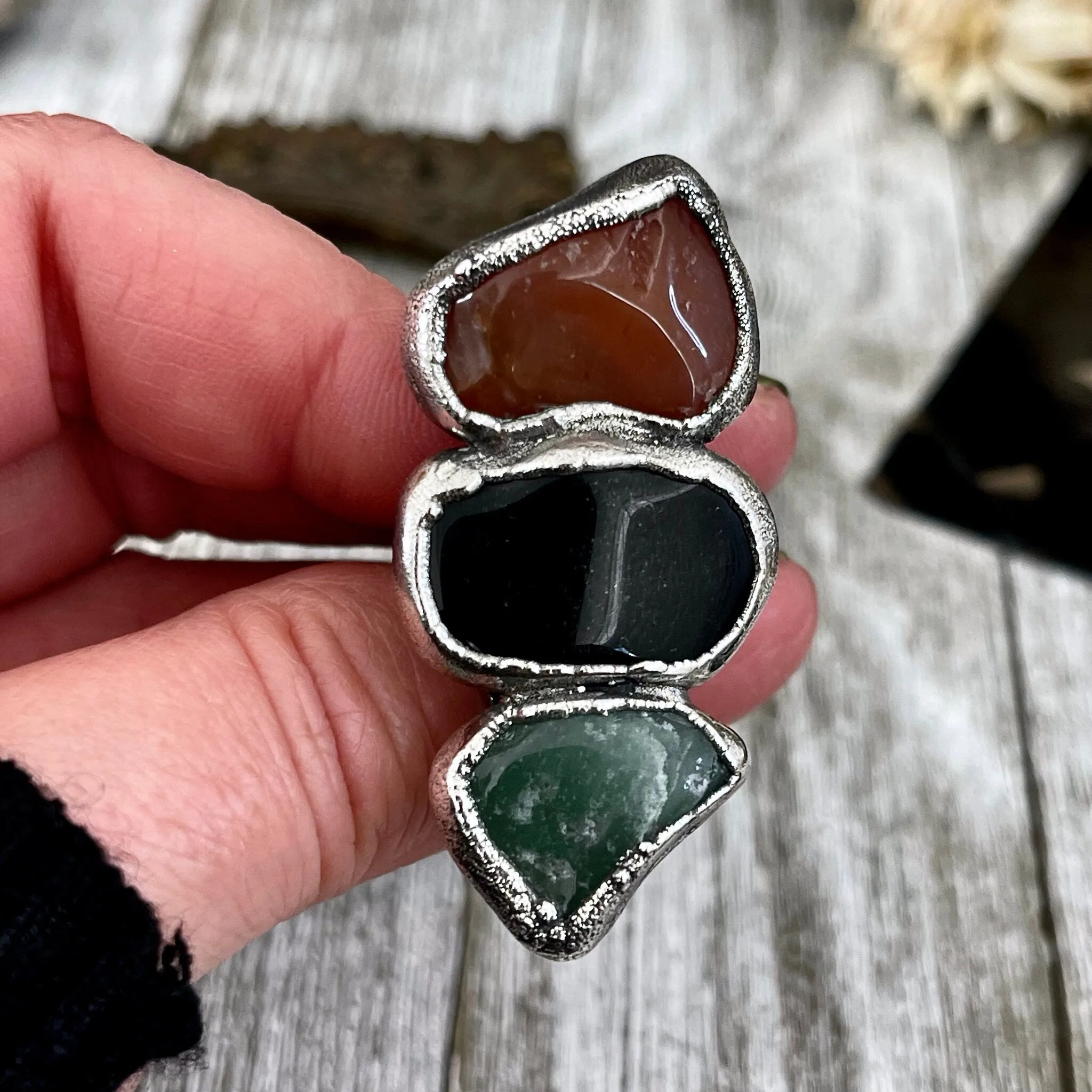 Size 9 Crystal Ring - Three Stone Ring Black Onyx Carnelian Aventurine Silver Ring / Foxlark Collection - One of a Kind
