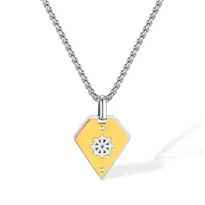Stylish Men's Pendant Necklace - Stainless Steel Chain with Yellow and Silver Dharmachakra Motif, Durable and Trendy Accessory for Everyday Wear