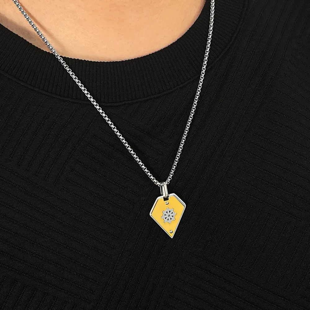 Stylish Men's Pendant Necklace - Stainless Steel Chain with Yellow and Silver Dharmachakra Motif, Durable and Trendy Accessory for Everyday Wear
