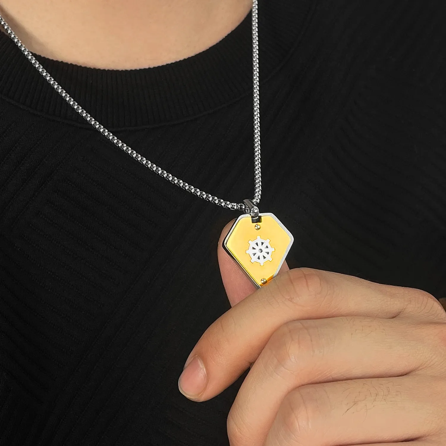 Stylish Men's Pendant Necklace - Stainless Steel Chain with Yellow and Silver Dharmachakra Motif, Durable and Trendy Accessory for Everyday Wear