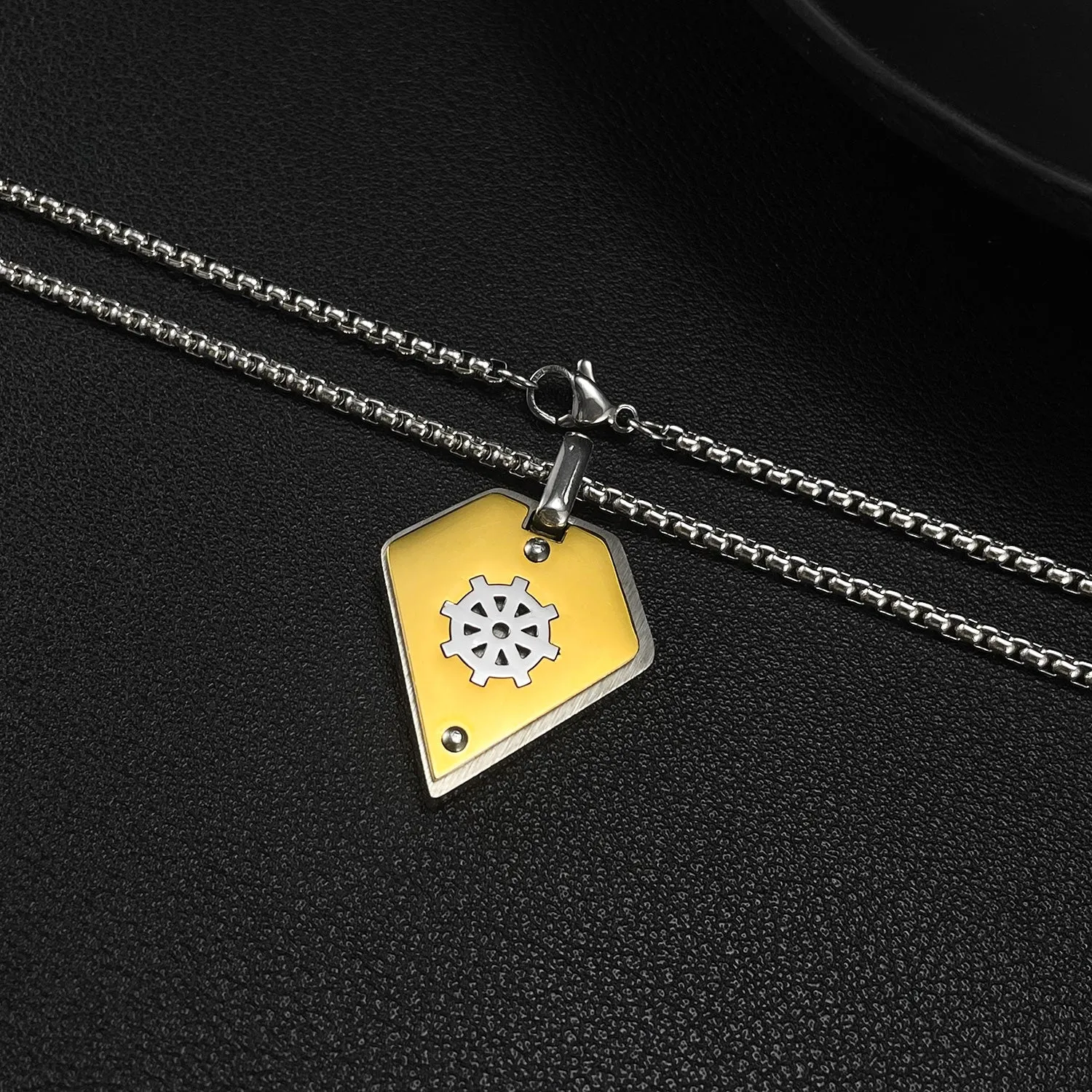 Stylish Men's Pendant Necklace - Stainless Steel Chain with Yellow and Silver Dharmachakra Motif, Durable and Trendy Accessory for Everyday Wear