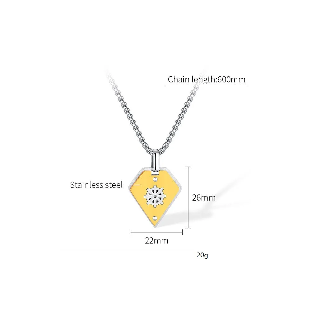Stylish Men's Pendant Necklace - Stainless Steel Chain with Yellow and Silver Dharmachakra Motif, Durable and Trendy Accessory for Everyday Wear