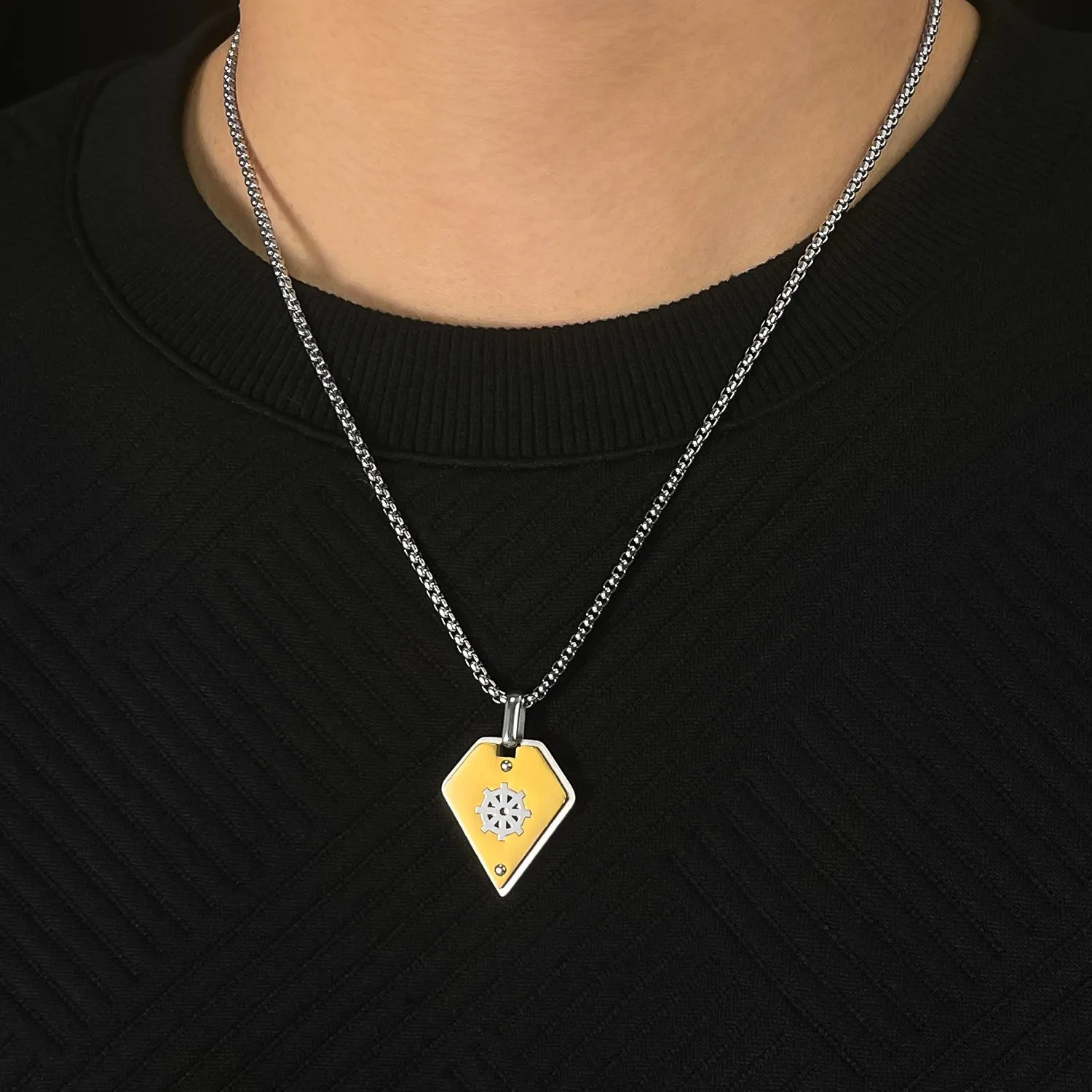 Stylish Men's Pendant Necklace - Stainless Steel Chain with Yellow and Silver Dharmachakra Motif, Durable and Trendy Accessory for Everyday Wear
