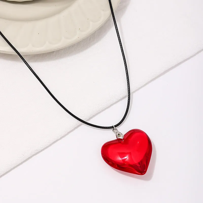 Sweet Red Glass Heart Pendant Necklace with Black Leather Rope - Urban Chic Collection