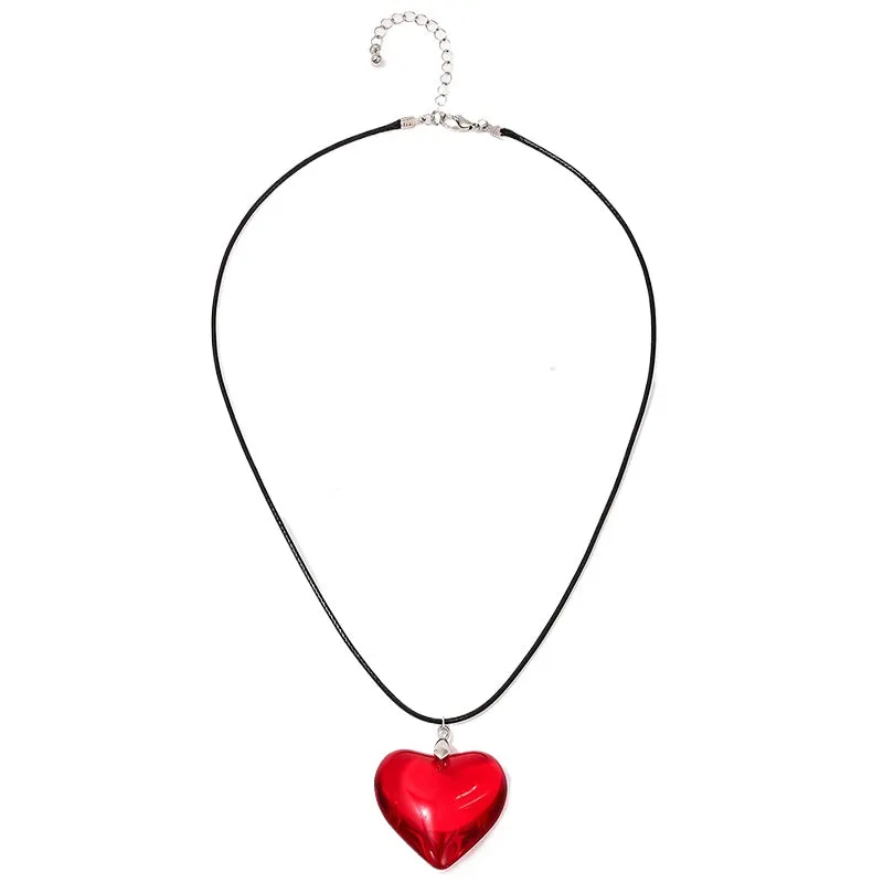 Sweet Red Glass Heart Pendant Necklace with Black Leather Rope - Urban Chic Collection