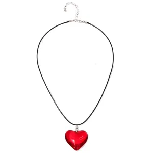Sweet Red Glass Heart Pendant Necklace with Black Leather Rope - Urban Chic Collection